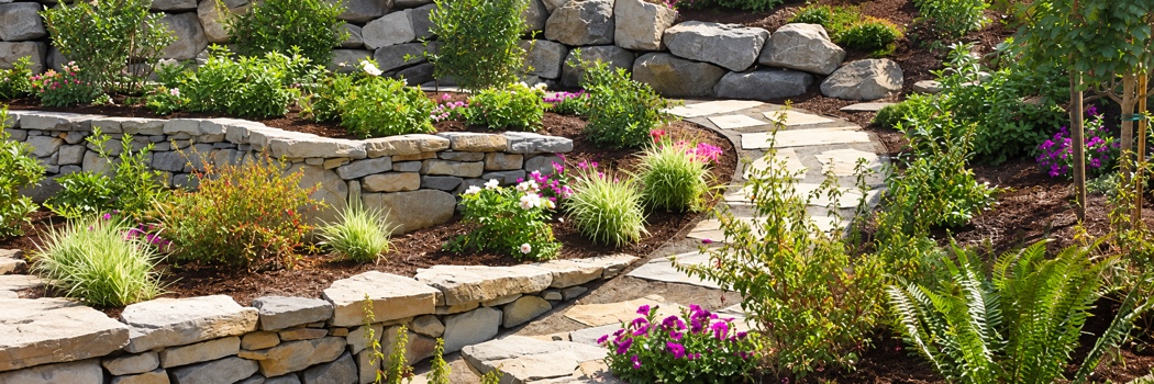 Stone garden path with retaining walls and colorful plants