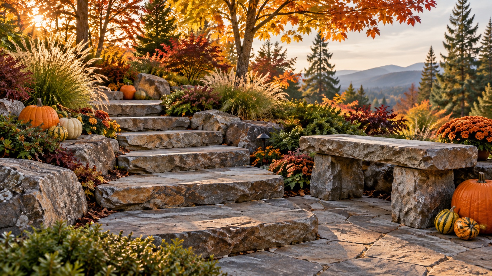 Autumn natural stone steps and stone bench with pumpkins and fall foliage
